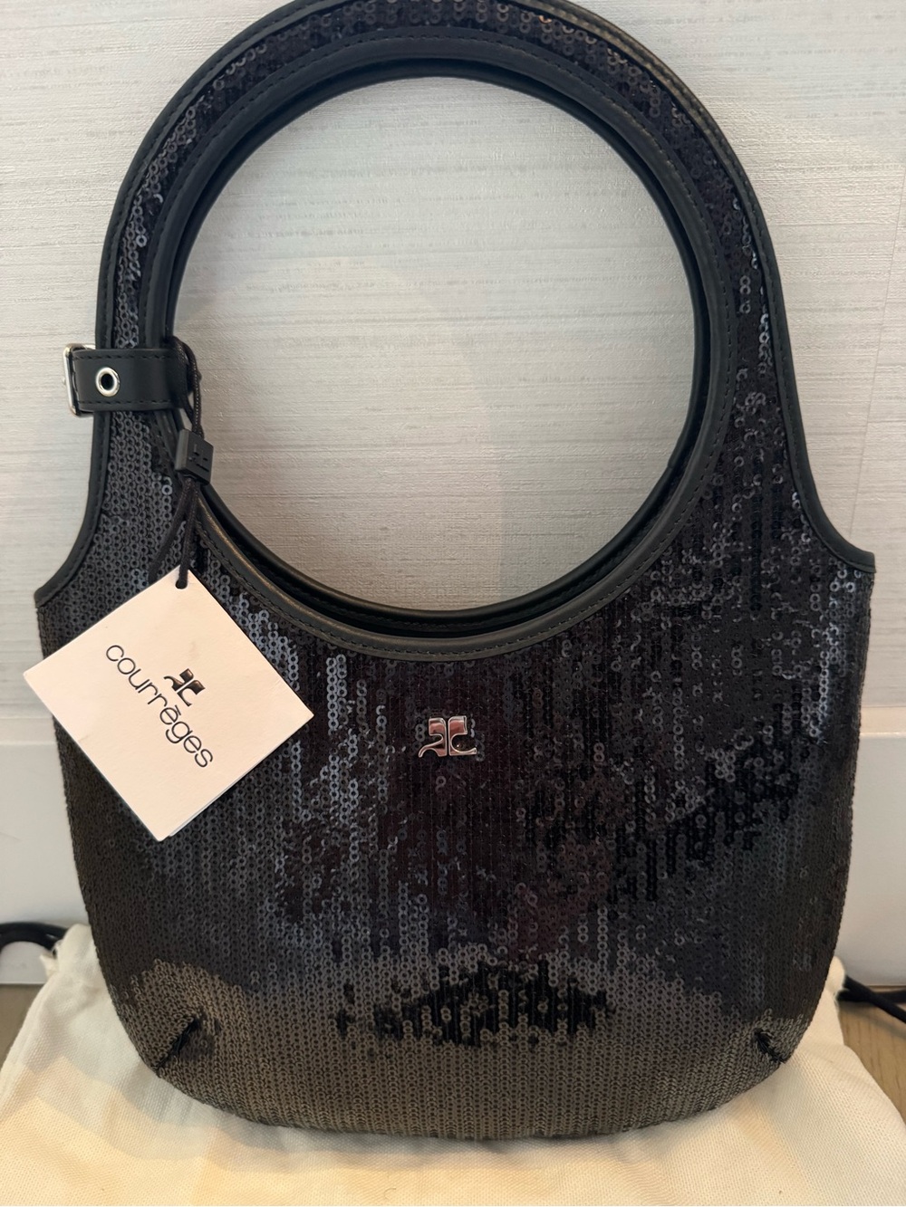 Courreges Black Sequin Circular-Handle Shoulder Bag by Courrèges